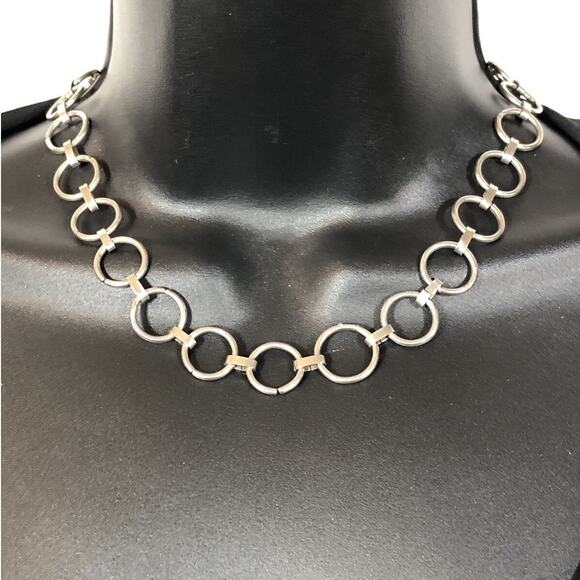 Silver Tone Chunky Choker Circle Necklace, 17" with Hook Closure Retro Statement - Picture 2 of 6